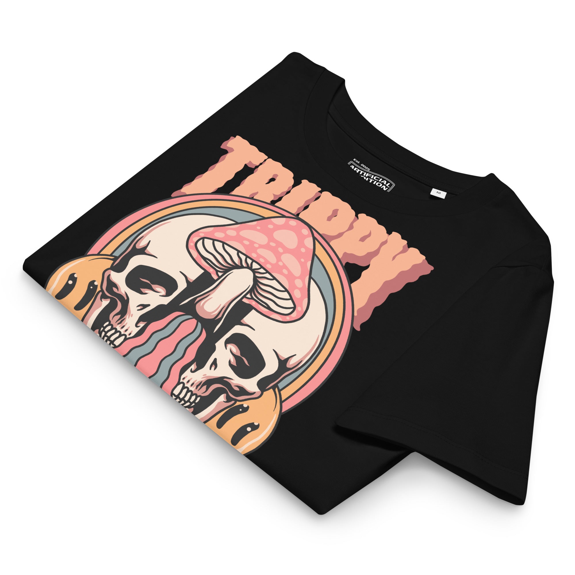 Fitted organic cotton t-shirt with a split skull divided by a pink mushroom, flowing psychedelic shapes, and small smiley faces.