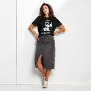 Fitted organic cotton t-shirt featuring a monochrome Lilith illustration with horns and wings and gothic typography.