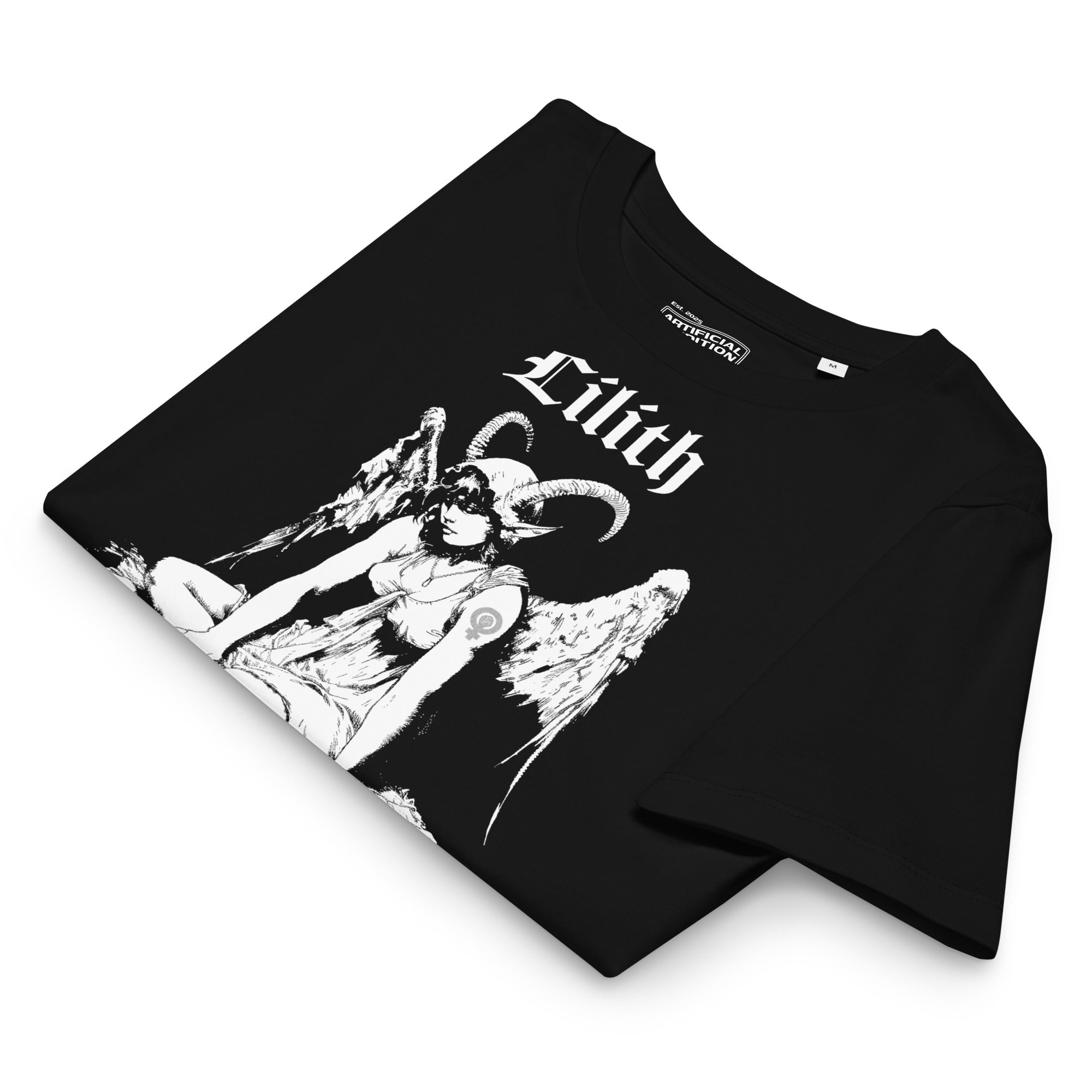 Fitted organic cotton t-shirt featuring a monochrome Lilith illustration with horns and wings and gothic typography.