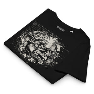 Black fitted organic cotton t-shirt featuring horned monster inside a ritual circle with mystical script and “Monster Inside” text.