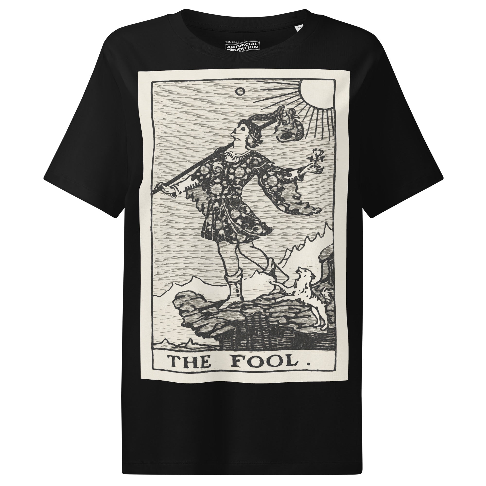Fitted organic cotton t-shirt featuring The Fool tarot card illustration in high-contrast woodcut rendering.