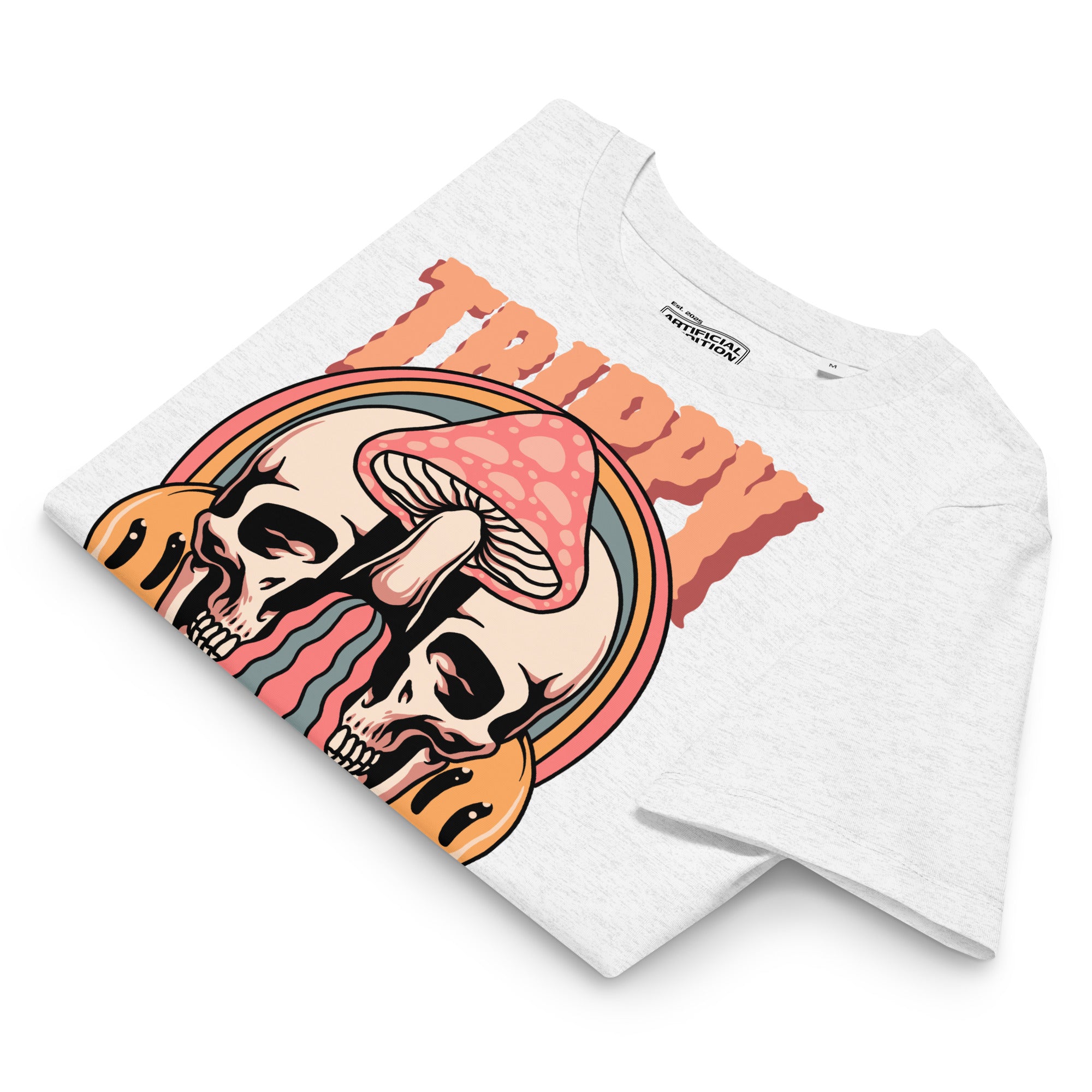 Fitted organic cotton t-shirt with a split skull divided by a pink mushroom, flowing psychedelic shapes, and small smiley faces.