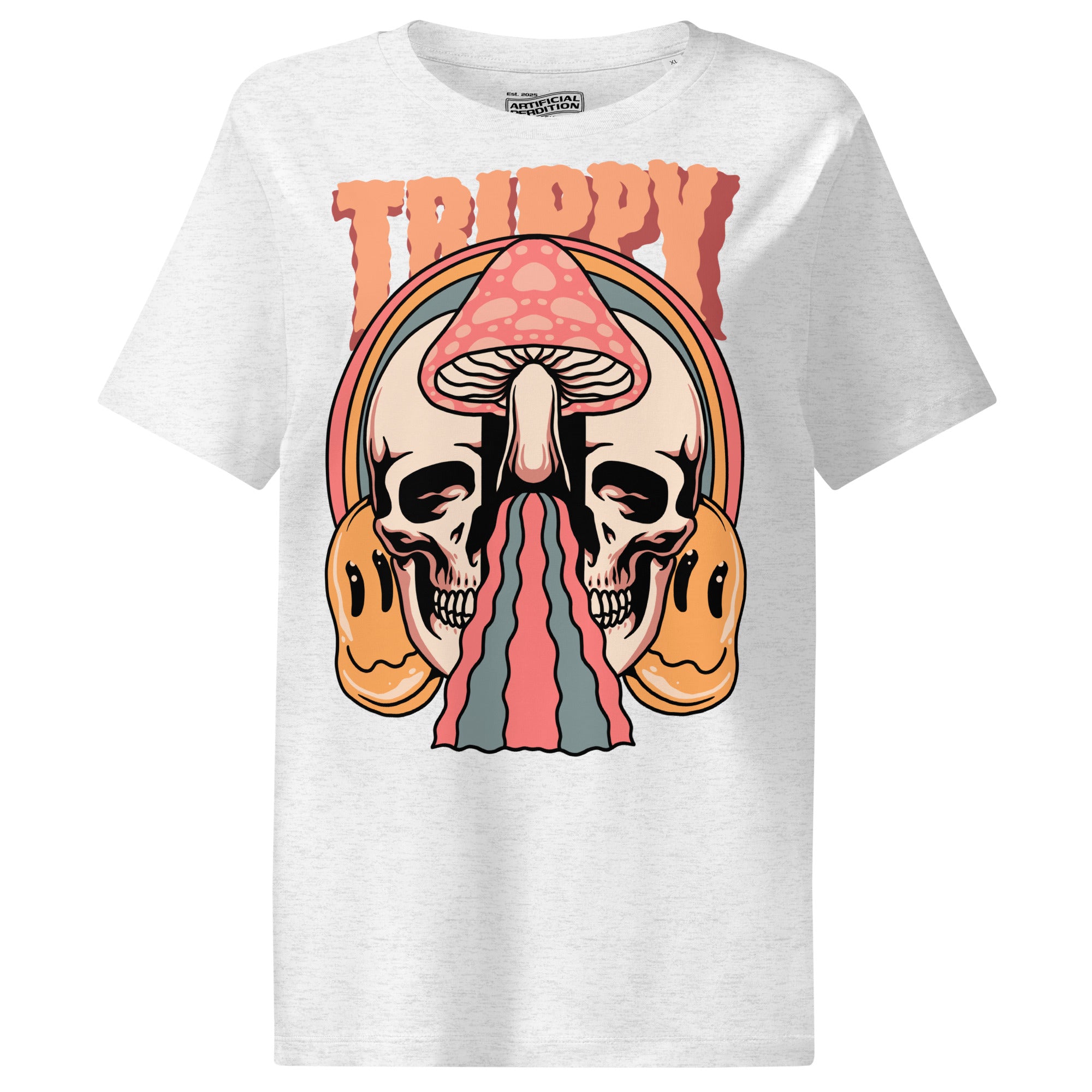 Fitted organic cotton t-shirt with a split skull divided by a pink mushroom, flowing psychedelic shapes, and small smiley faces.