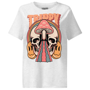Fitted organic cotton t-shirt with a split skull divided by a pink mushroom, flowing psychedelic shapes, and small smiley faces.