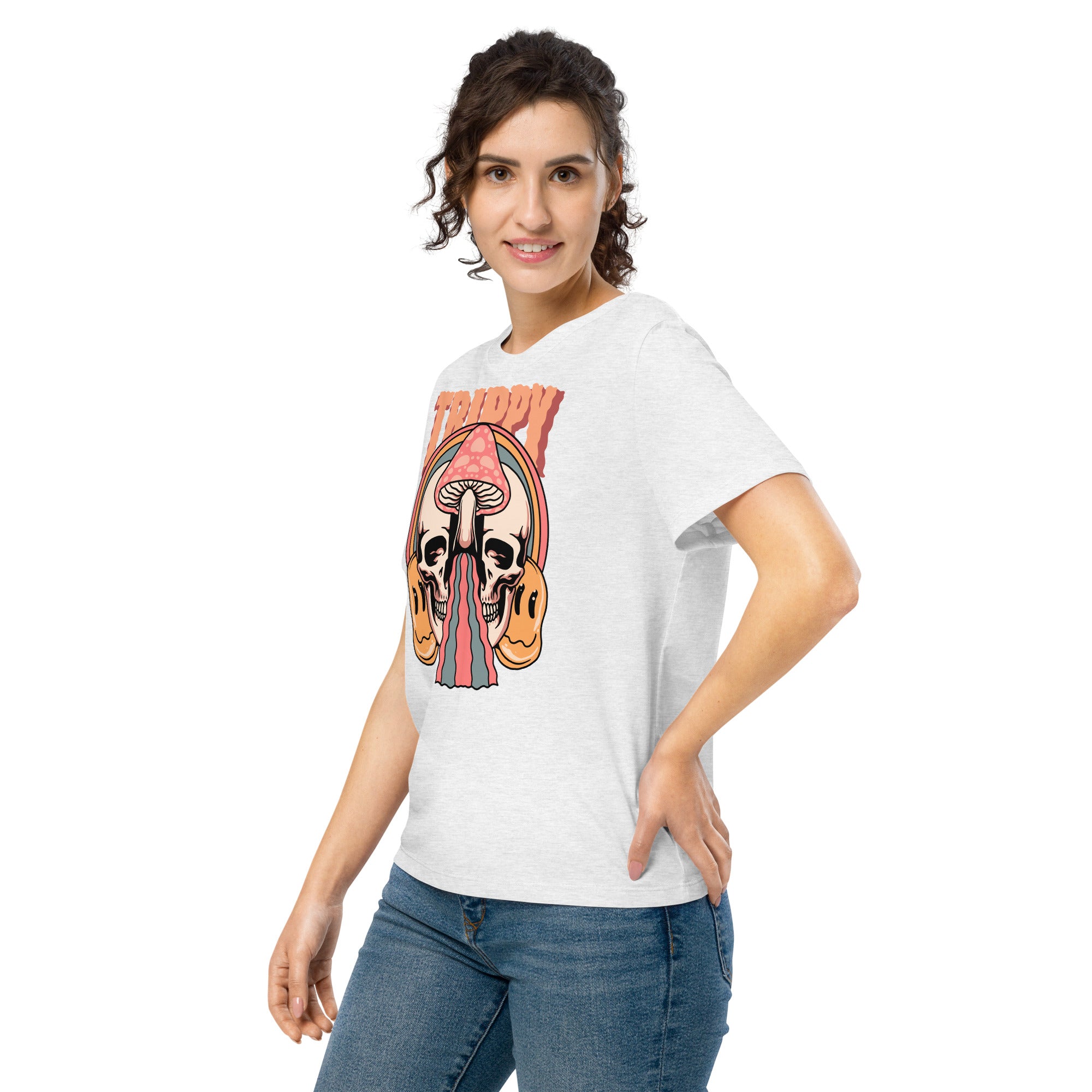 Fitted organic cotton t-shirt with a split skull divided by a pink mushroom, flowing psychedelic shapes, and small smiley faces.