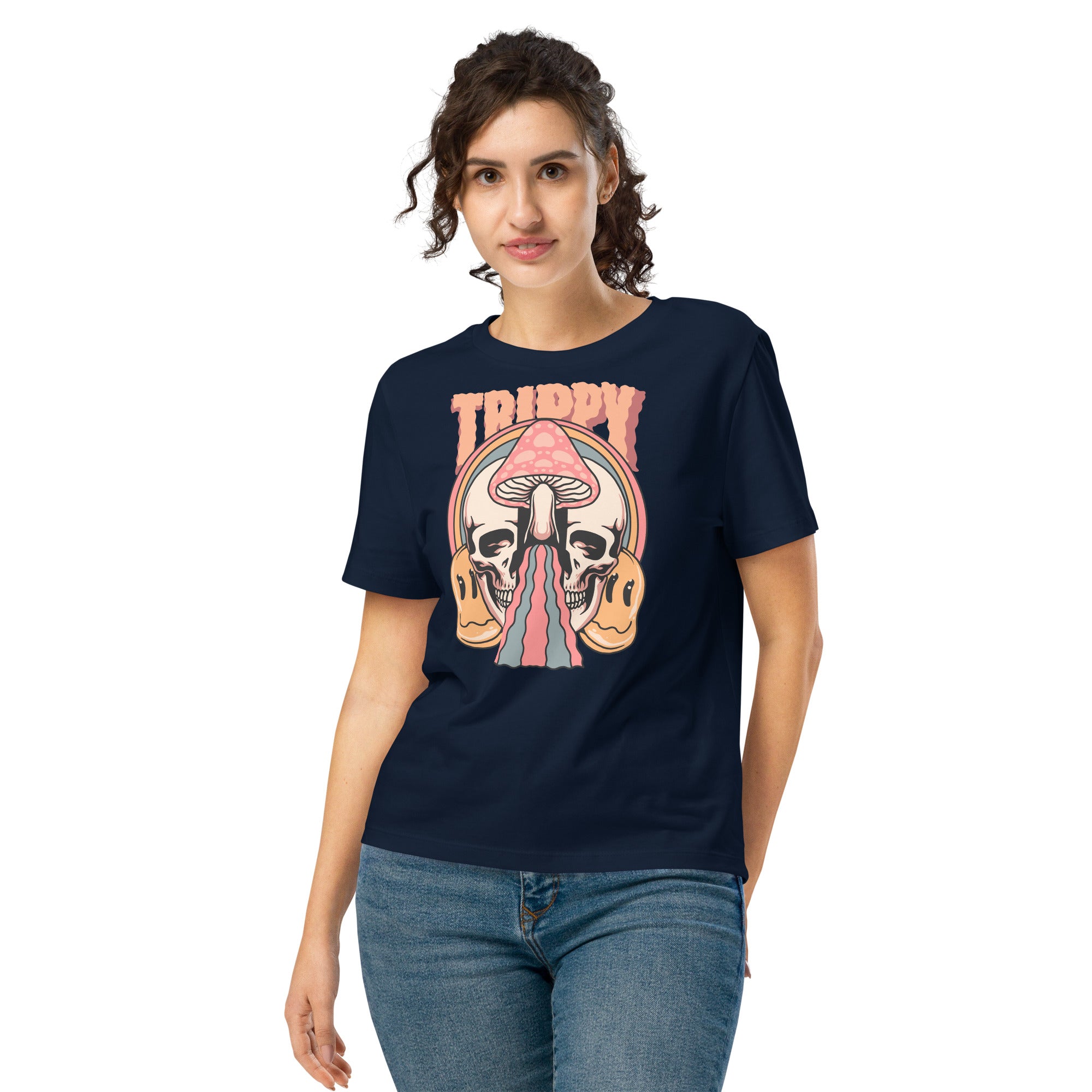 Fitted organic cotton t-shirt with a split skull divided by a pink mushroom, flowing psychedelic shapes, and small smiley faces.