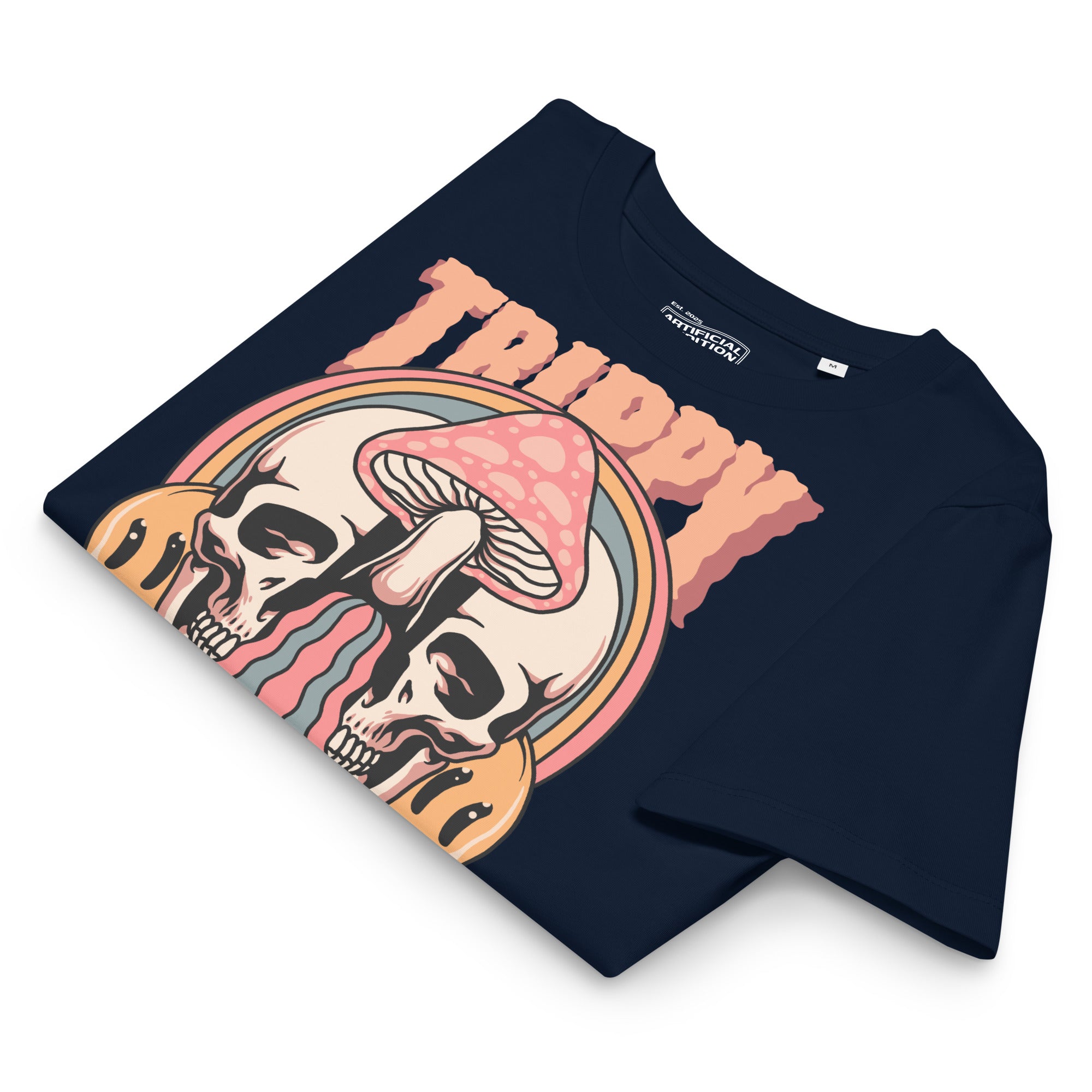Fitted organic cotton t-shirt with a split skull divided by a pink mushroom, flowing psychedelic shapes, and small smiley faces.