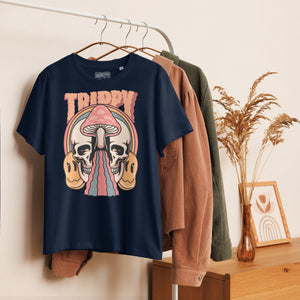 Fitted organic cotton t-shirt with a split skull divided by a pink mushroom, flowing psychedelic shapes, and small smiley faces.