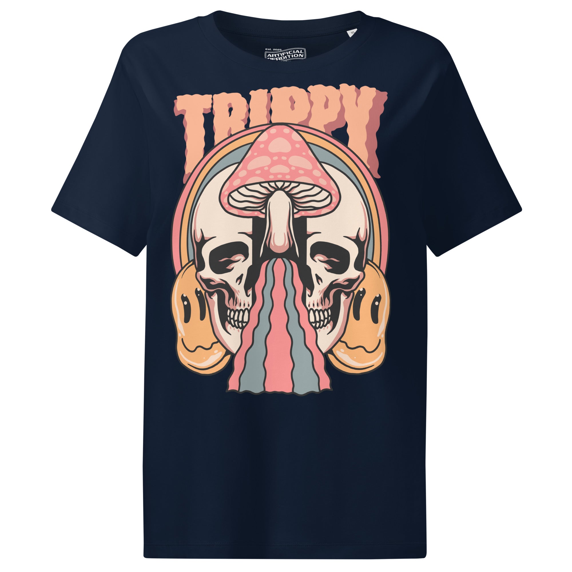 Fitted organic cotton t-shirt with a split skull divided by a pink mushroom, flowing psychedelic shapes, and small smiley faces.