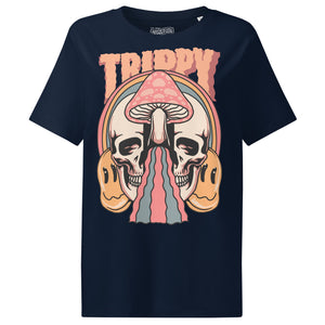 Fitted organic cotton t-shirt with a split skull divided by a pink mushroom, flowing psychedelic shapes, and small smiley faces.