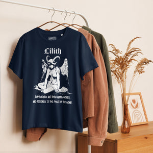Fitted organic cotton t-shirt featuring a monochrome Lilith illustration with horns and wings and gothic typography.