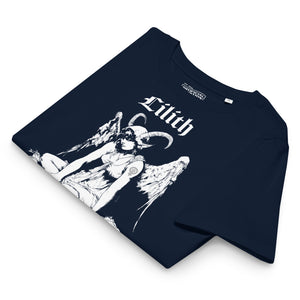 Fitted organic cotton t-shirt featuring a monochrome Lilith illustration with horns and wings and gothic typography.