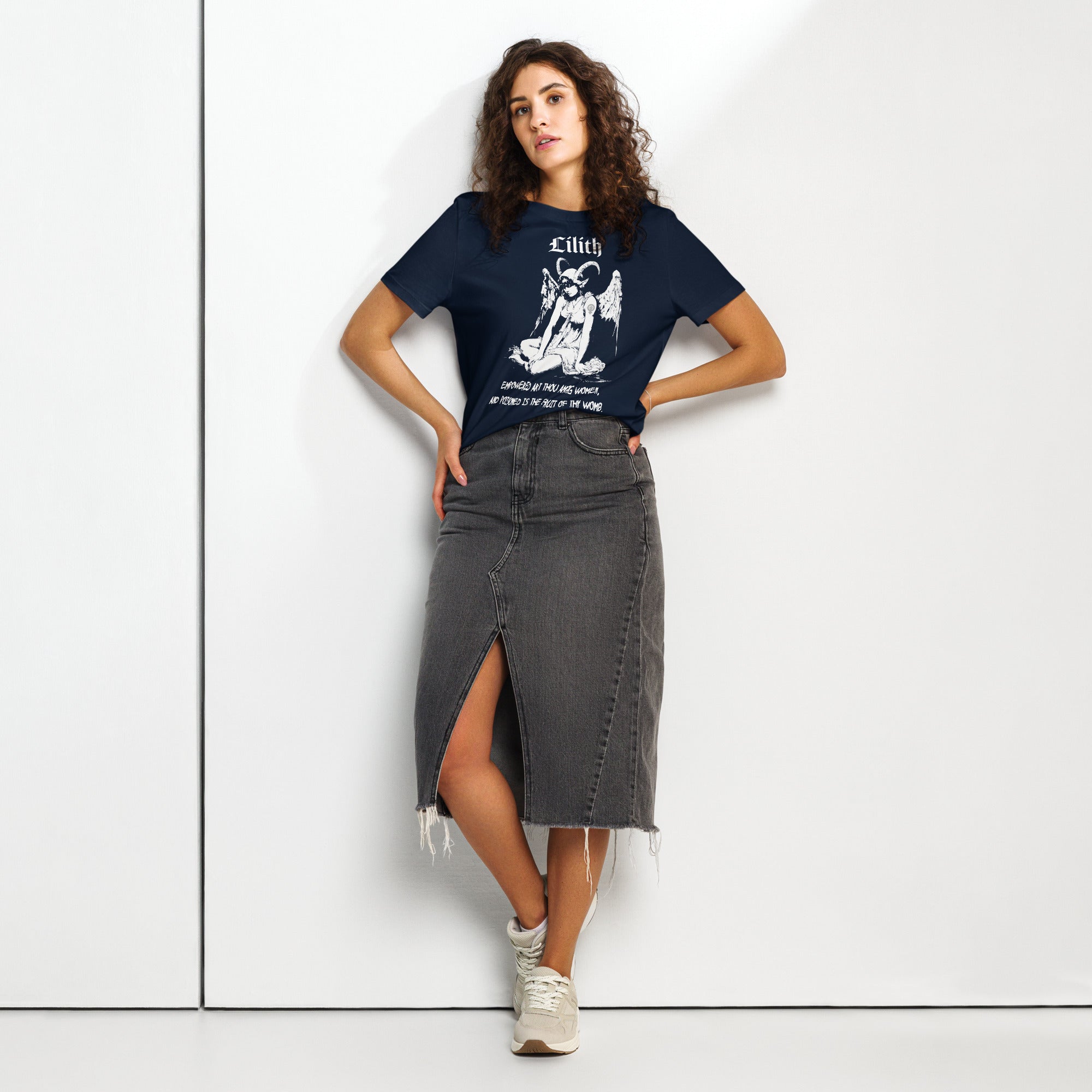 Fitted organic cotton t-shirt featuring a monochrome Lilith illustration with horns and wings and gothic typography.