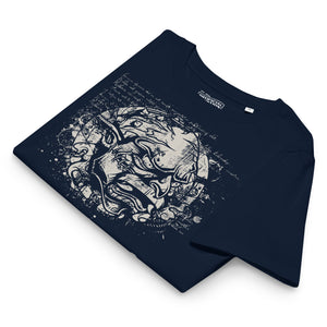 Black fitted organic cotton t-shirt featuring horned monster inside a ritual circle with mystical script and “Monster Inside” text.