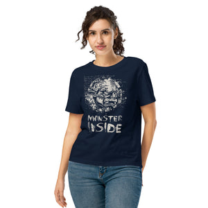 Black fitted organic cotton t-shirt featuring horned monster inside a ritual circle with mystical script and “Monster Inside” text.