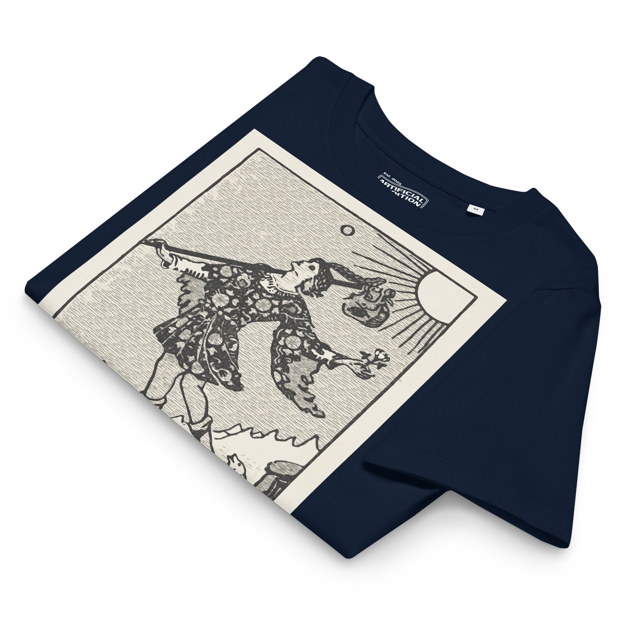 Fitted organic cotton t-shirt featuring The Fool tarot card illustration in high-contrast woodcut rendering.