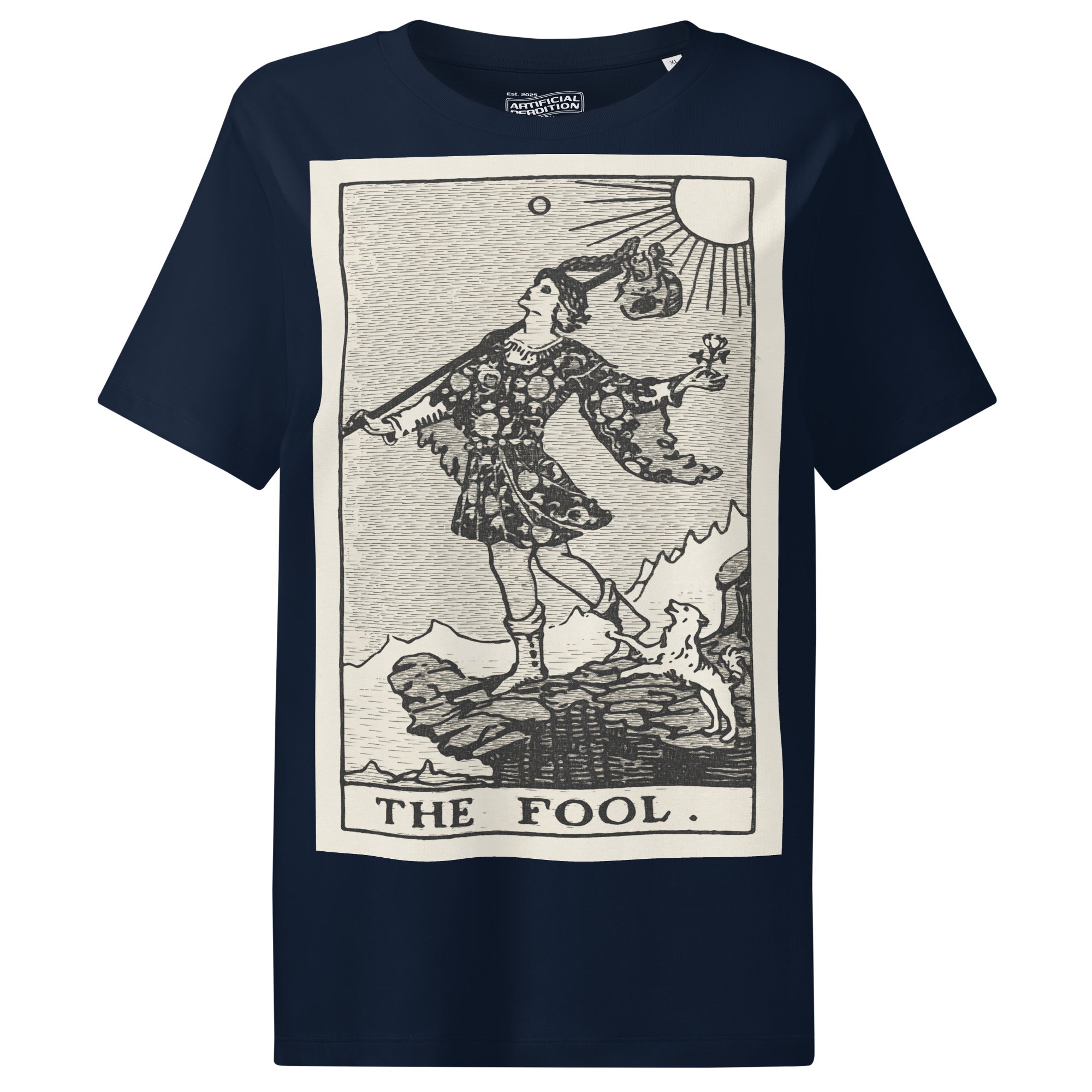 Fitted organic cotton t-shirt featuring The Fool tarot card illustration in high-contrast woodcut rendering.