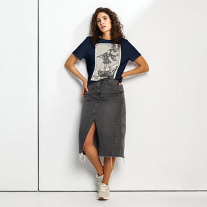 Fitted organic cotton t-shirt featuring The Fool tarot card illustration in high-contrast woodcut rendering.