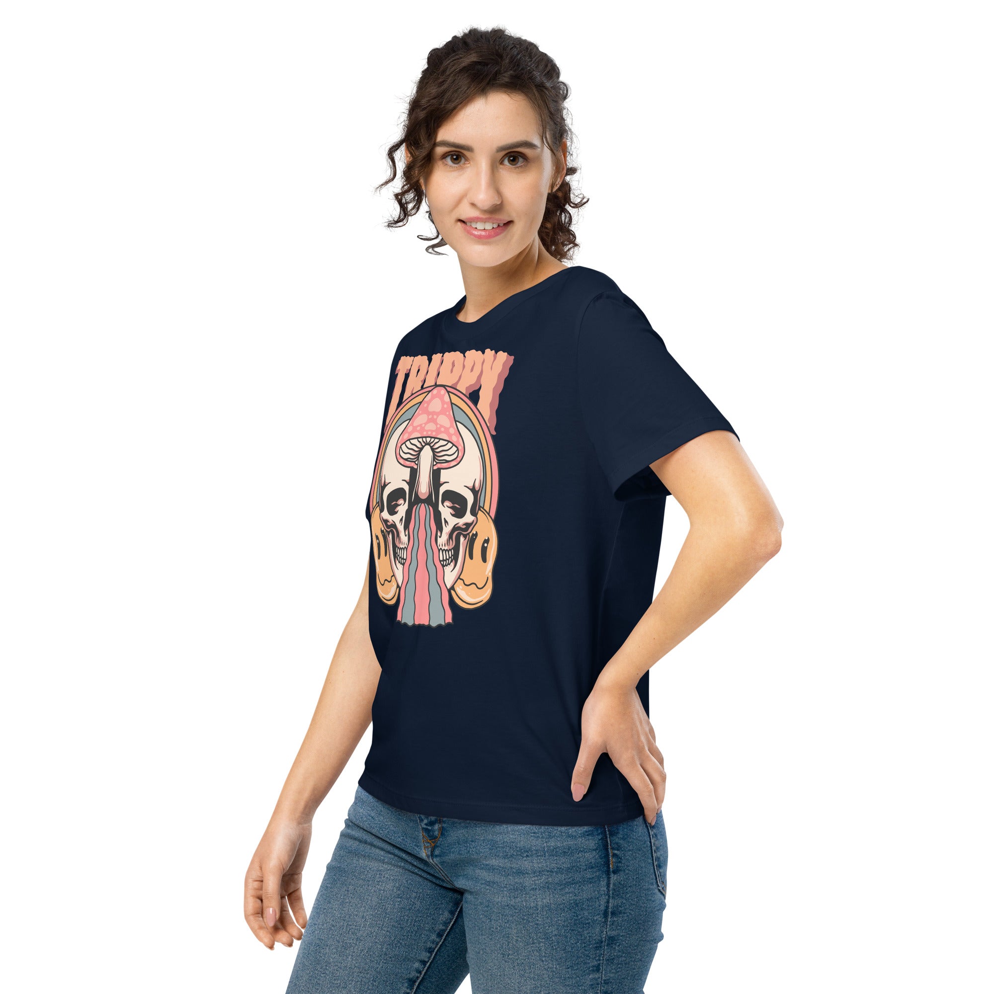 Fitted organic cotton t-shirt with a split skull divided by a pink mushroom, flowing psychedelic shapes, and small smiley faces.