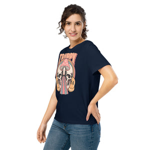 Fitted organic cotton t-shirt with a split skull divided by a pink mushroom, flowing psychedelic shapes, and small smiley faces.