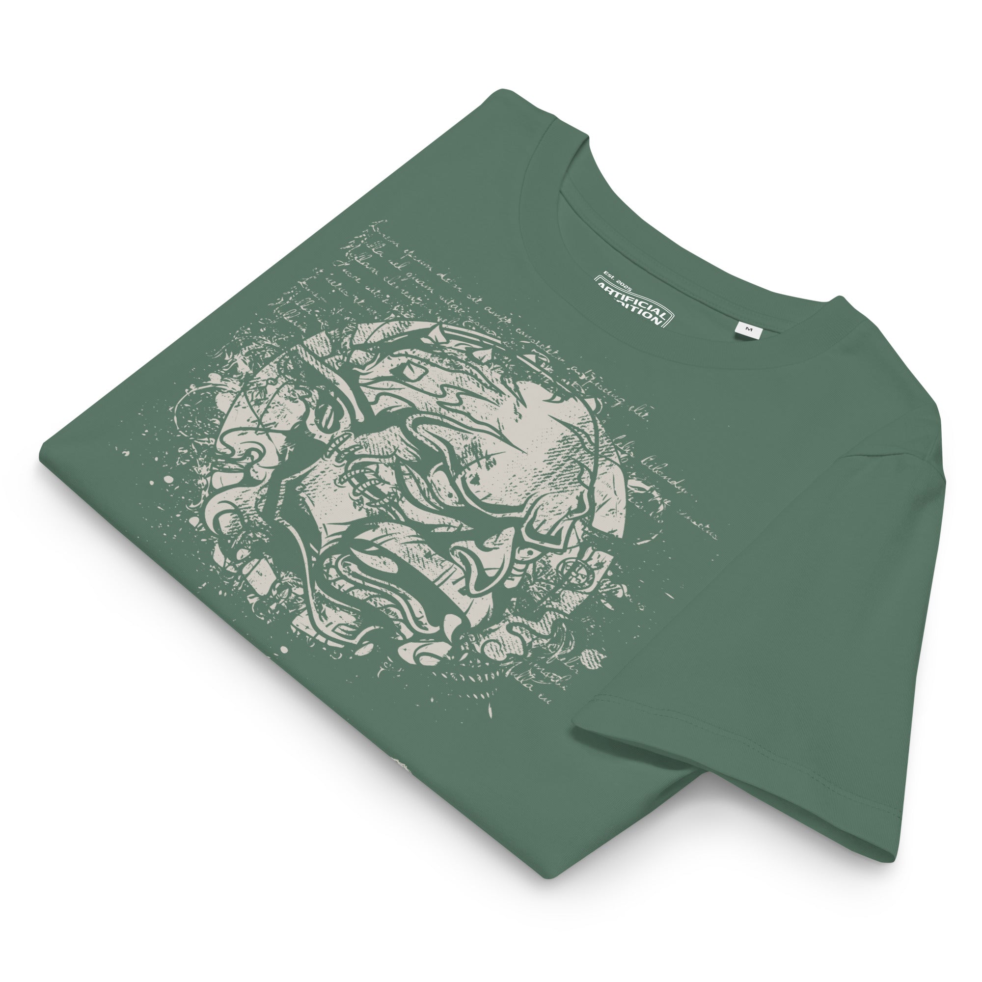 Black fitted organic cotton t-shirt featuring horned monster inside a ritual circle with mystical script and “Monster Inside” text.