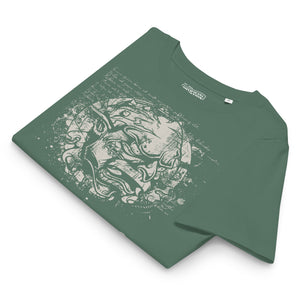 Black fitted organic cotton t-shirt featuring horned monster inside a ritual circle with mystical script and “Monster Inside” text.