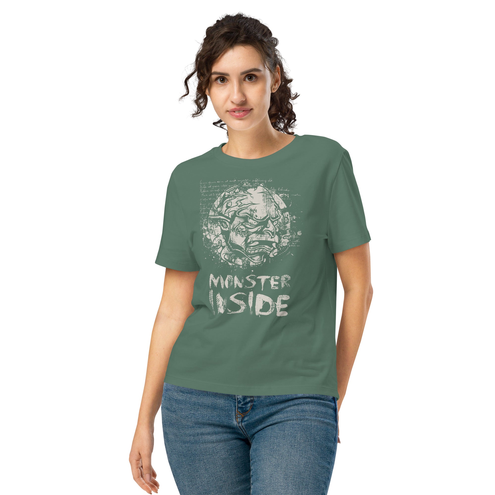 Black fitted organic cotton t-shirt featuring horned monster inside a ritual circle with mystical script and “Monster Inside” text.