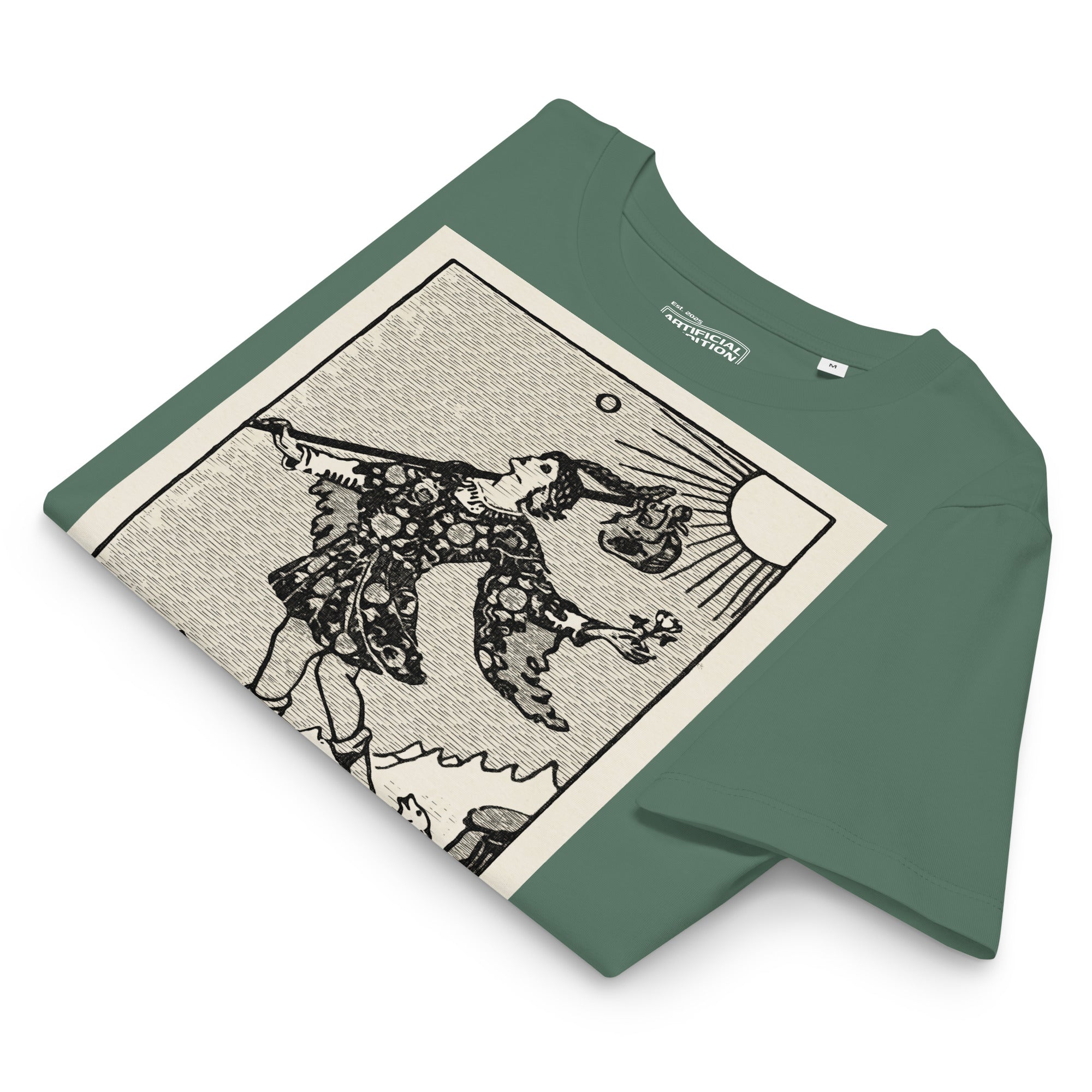 Fitted organic cotton t-shirt featuring The Fool tarot card illustration in high-contrast woodcut rendering.