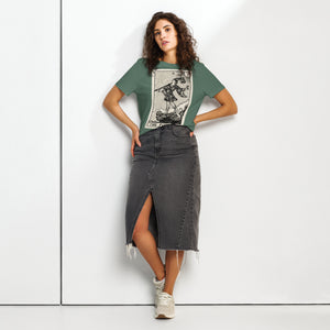 Fitted organic cotton t-shirt featuring The Fool tarot card illustration in high-contrast woodcut rendering.