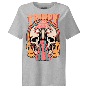 Fitted organic cotton t-shirt with a split skull divided by a pink mushroom, flowing psychedelic shapes, and small smiley faces.