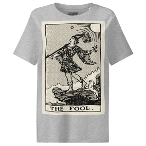 Fitted organic cotton t-shirt featuring The Fool tarot card illustration in high-contrast woodcut rendering.