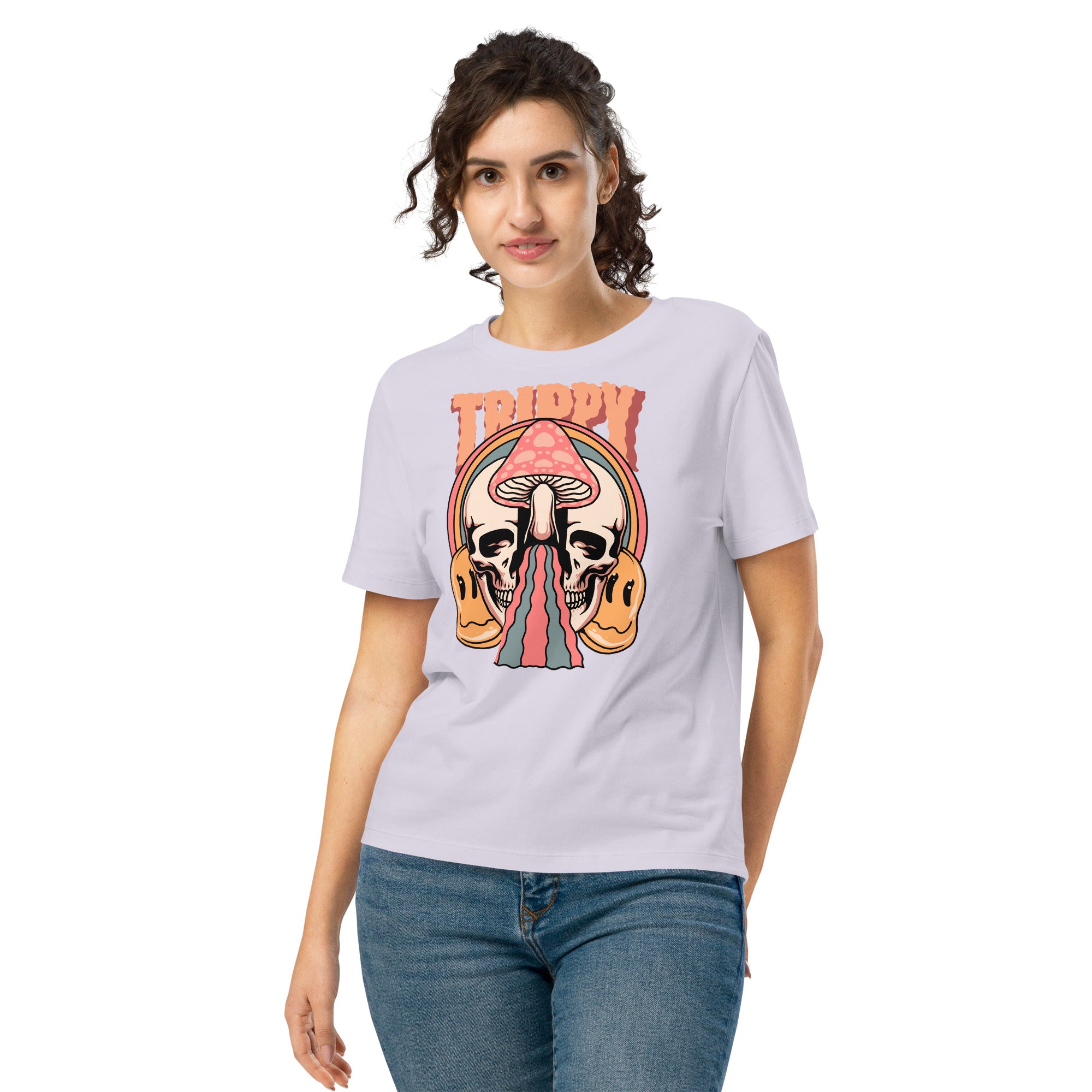 Fitted organic cotton t-shirt with a split skull divided by a pink mushroom, flowing psychedelic shapes, and small smiley faces.