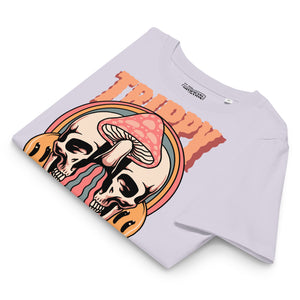 Fitted organic cotton t-shirt with a split skull divided by a pink mushroom, flowing psychedelic shapes, and small smiley faces.