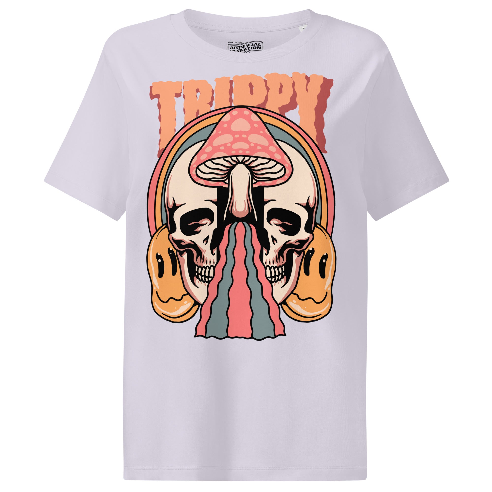 Fitted organic cotton t-shirt with a split skull divided by a pink mushroom, flowing psychedelic shapes, and small smiley faces.
