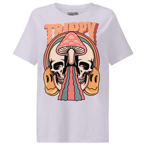 Fitted organic cotton t-shirt with a split skull divided by a pink mushroom, flowing psychedelic shapes, and small smiley faces.