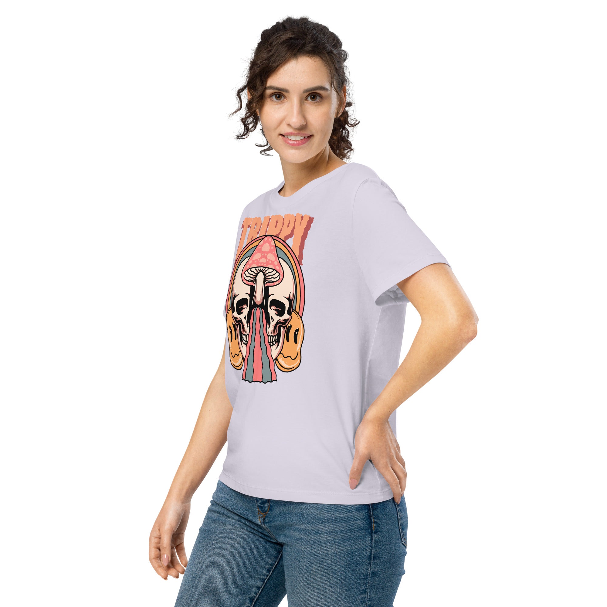 Fitted organic cotton t-shirt with a split skull divided by a pink mushroom, flowing psychedelic shapes, and small smiley faces.