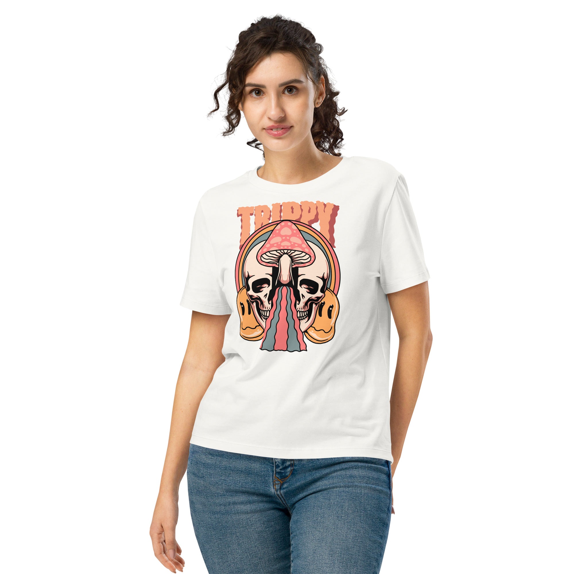 Fitted organic cotton t-shirt with a split skull divided by a pink mushroom, flowing psychedelic shapes, and small smiley faces.