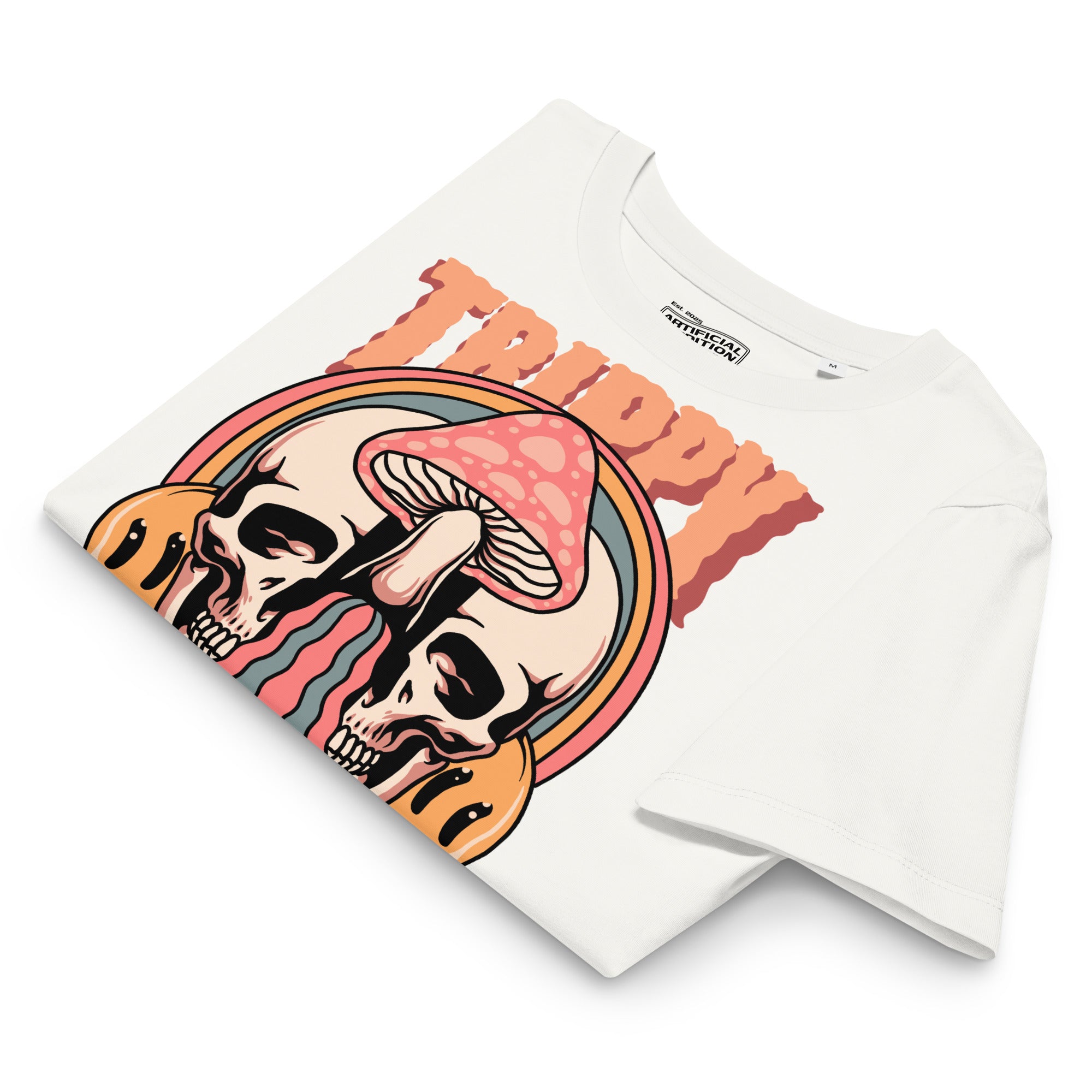 Fitted organic cotton t-shirt with a split skull divided by a pink mushroom, flowing psychedelic shapes, and small smiley faces.