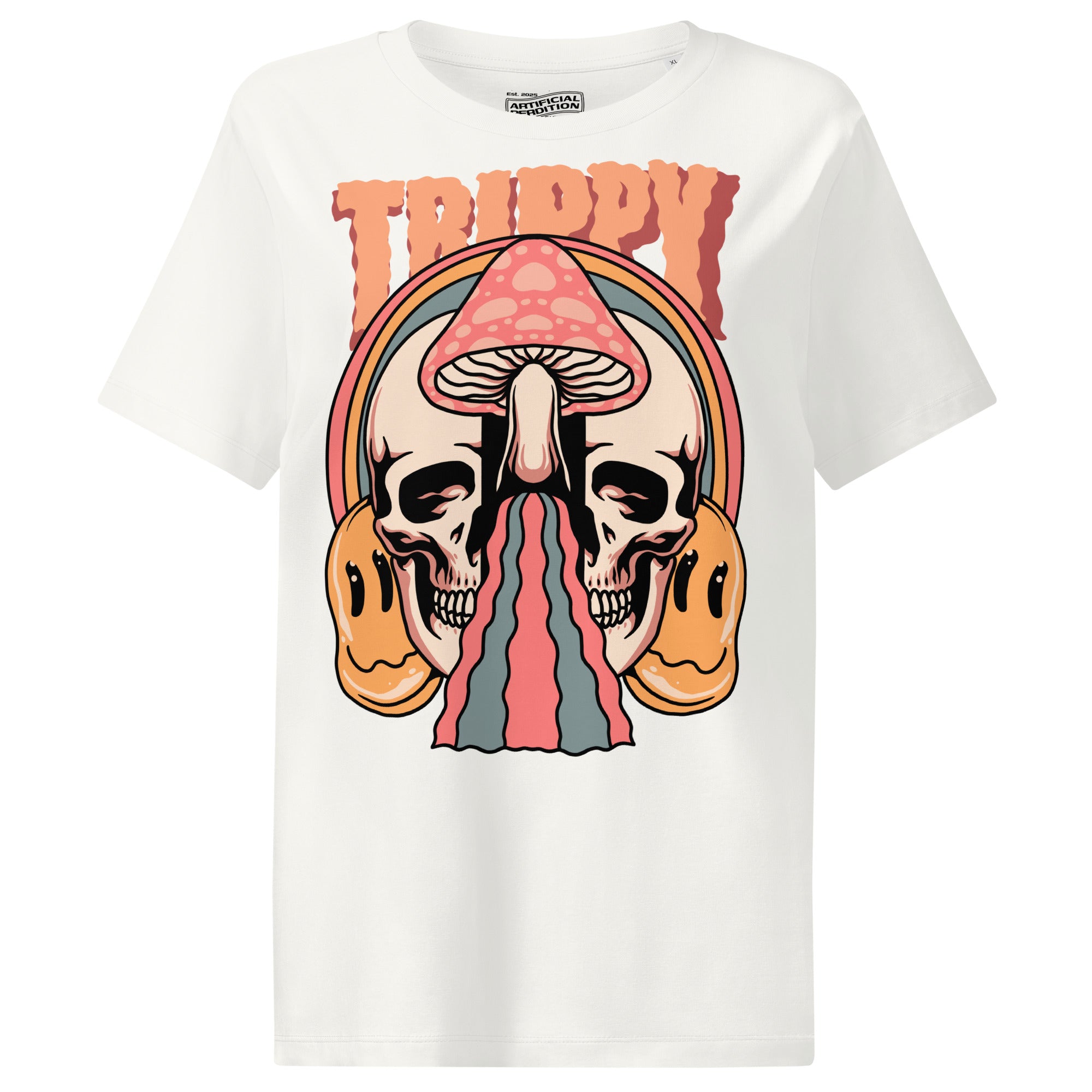 Fitted organic cotton t-shirt with a split skull divided by a pink mushroom, flowing psychedelic shapes, and small smiley faces.